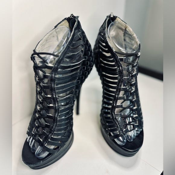 Mea Shadow Heels Gladiator Stiletto Platform BLACK Woven Leather SZ 6 - Picture 2 of 16